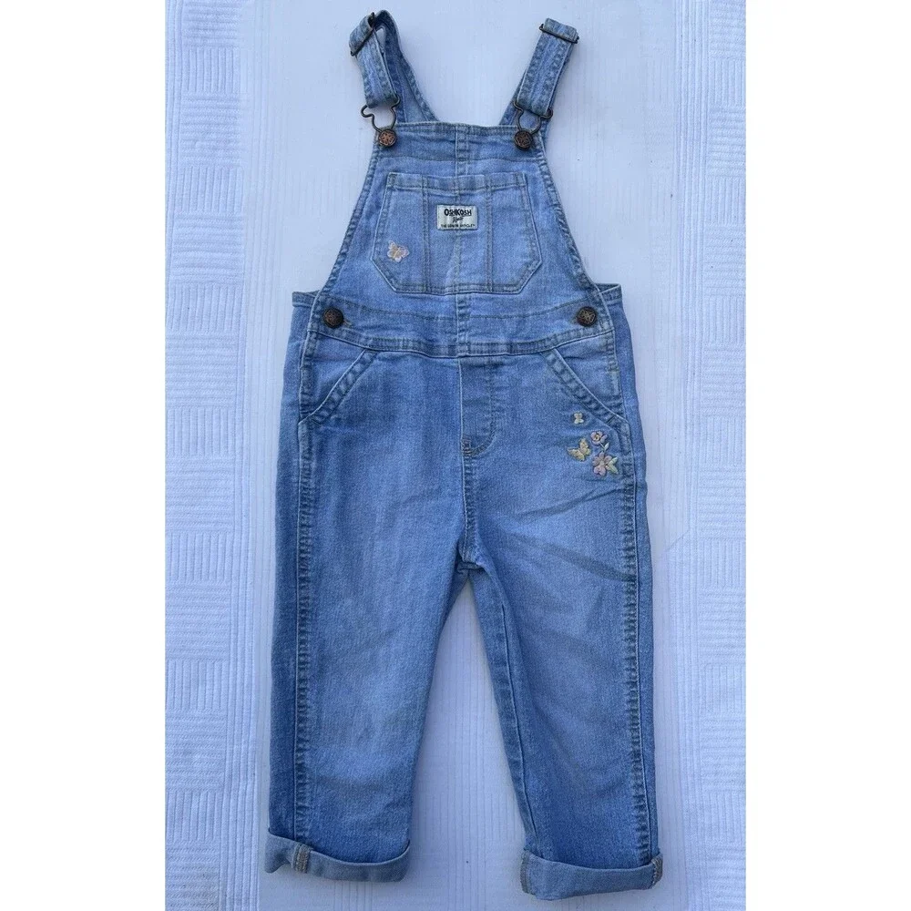OshKosh B’gosh Girls 3T Denim Overalls Butterfly Floral Embroidered Light Wash